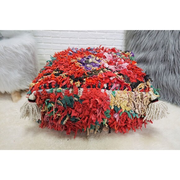 Vintage Moroccan Boucherouite Floor Pillow: Upcycled Berber Pouf Ottoman - Picture 5 of 10